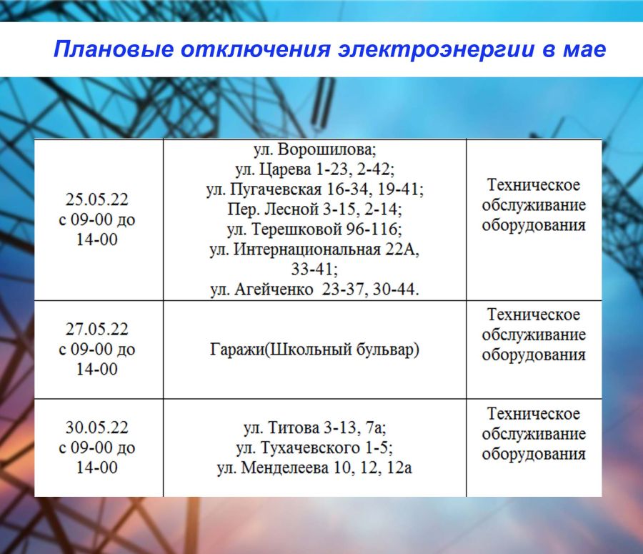 ПЛАНОВЫЕ ОТКЛЮЧЕНИЯ ЭЛЕКТРОЭНЕРГИИ